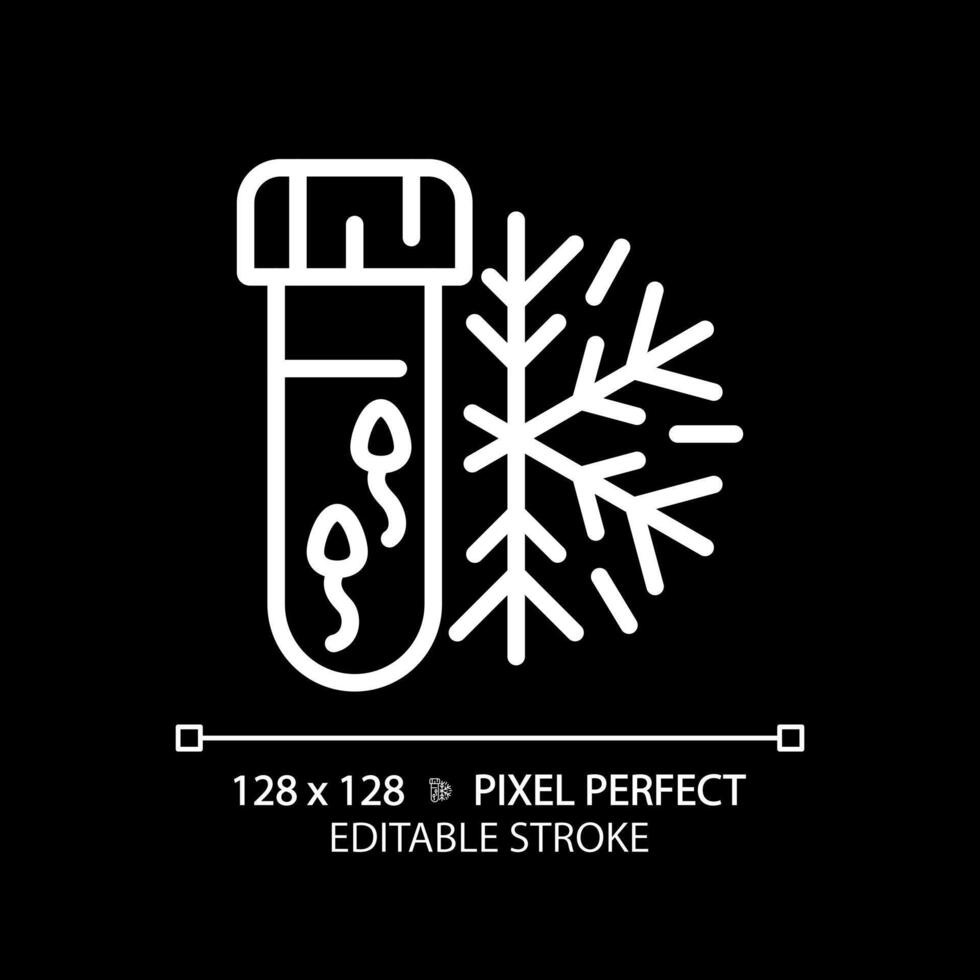 Sperm cryopreservation white linear icon for dark theme. Semen collection. Genetic preservation. Seed donoring, microbiology. Thin line illustration. Isolated symbol for night mode. Editable stroke vector