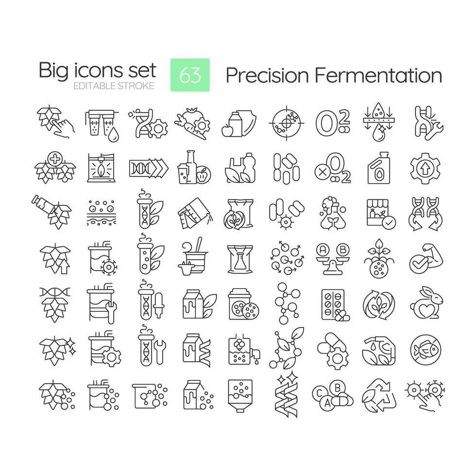Precision fermentation linear icons set. Dna recombination, bioprocesses. Genetic modification. Crop improvement. Customizable thin line symbols. Isolated vector outline illustrations. Editable stroke