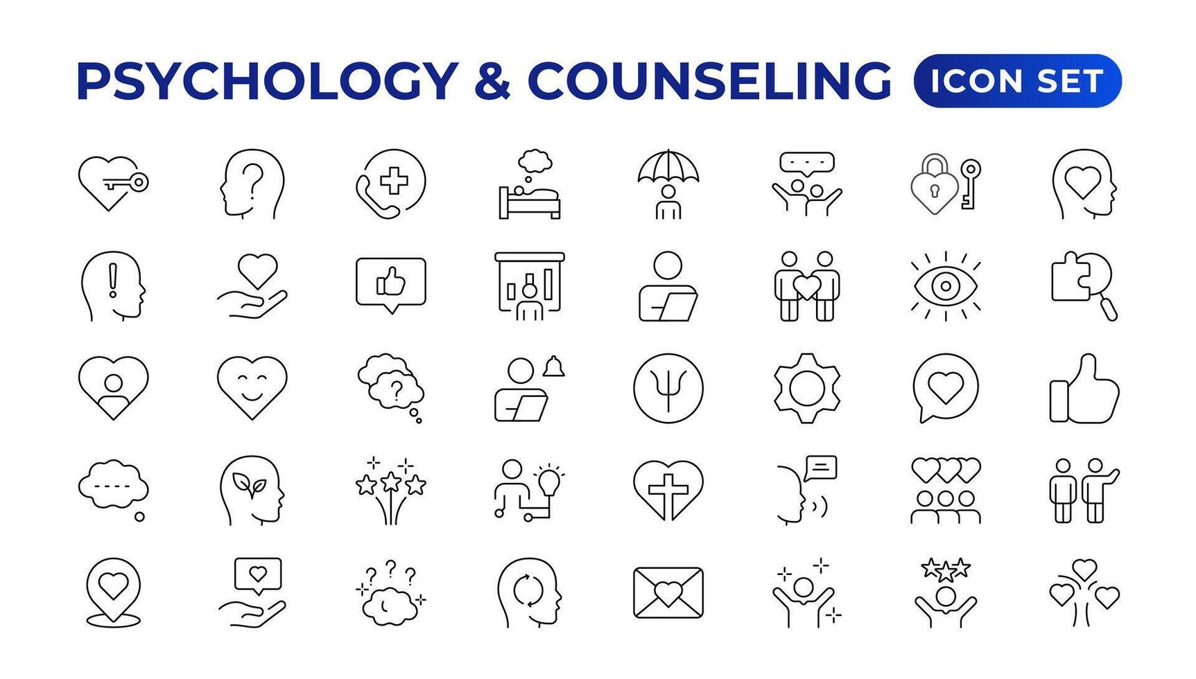 Psychology and mental line icons collection. Big UI icon set in a flat design. Thin outline icons pack.Set of positive thinking icon.be loved, healthy lifestyle, happiness, positive mindset. vector