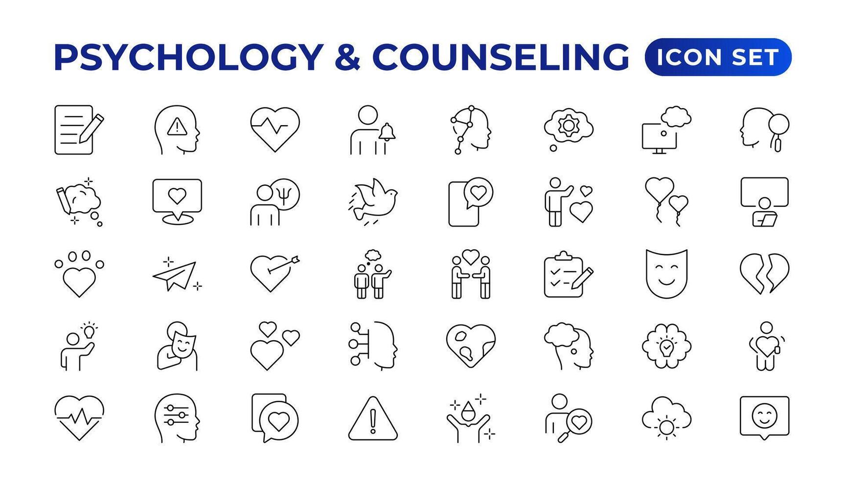 Psychology and mental line icons collection. Big UI icon set in a flat design. Thin outline icons pack.Set of positive thinking icon.be loved, healthy lifestyle, happiness, positive mindset. vector