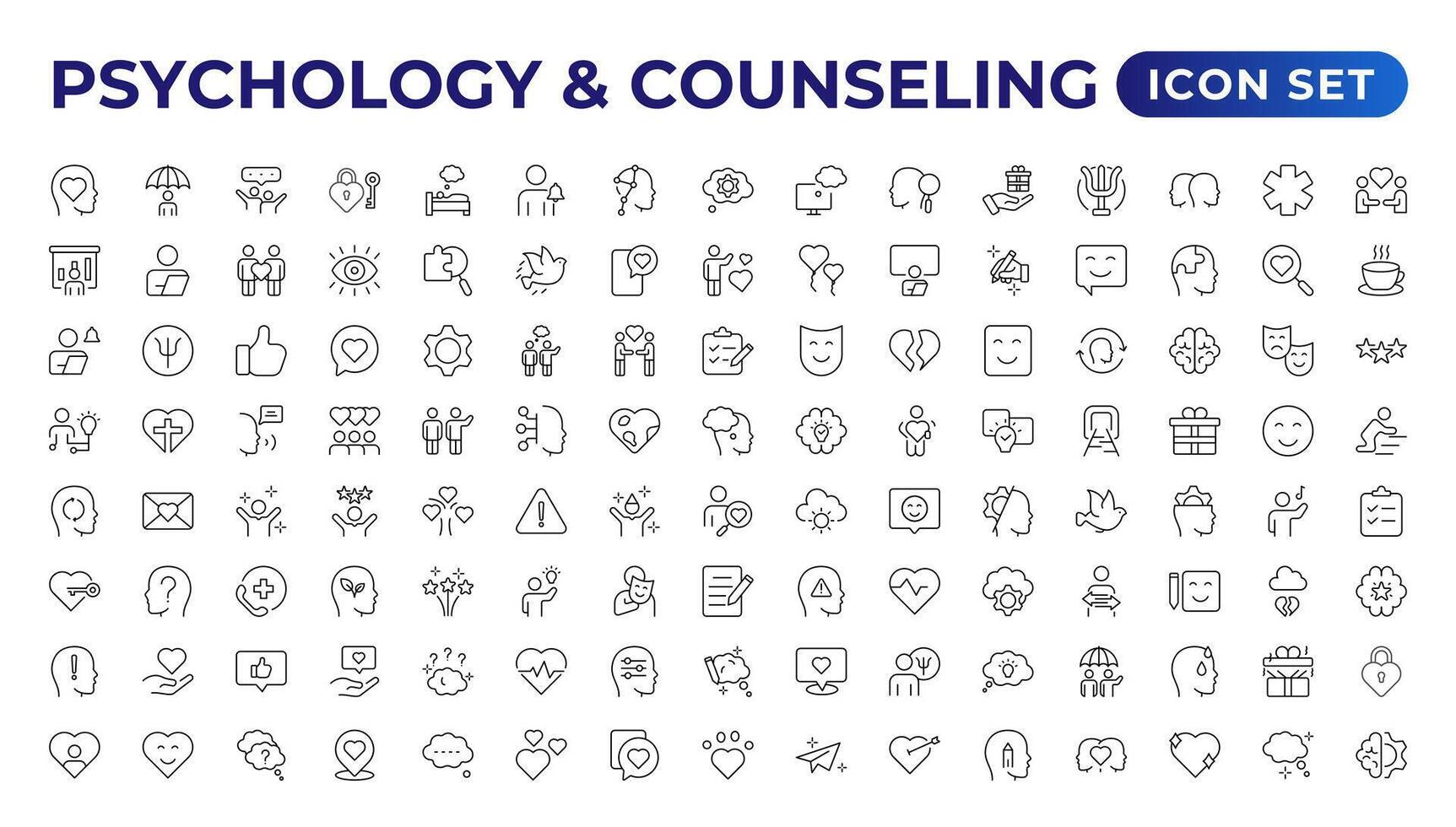 Psychology and mental line icons collection. Big UI icon set in a flat design. Thin outline icons pack.Set of positive thinking icon.be loved, healthy lifestyle, happiness, positive mindset. vector