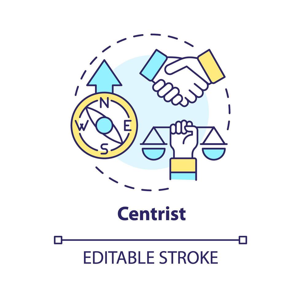 Centristic ideology multi color concept icon. Bipartisan, pragmatic dogma. Neutral political structure. Reform cooperation. Round shape line illustration. Abstract idea. Graphic design. Easy to use vector