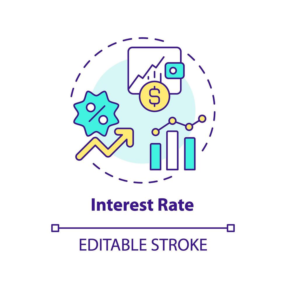 interesar Velocidad multi color concepto icono. cantidad de interesar debido por período. cantidad prestado, depositado. redondo forma línea ilustración. resumen idea. gráfico diseño. fácil a utilizar en márketing vector