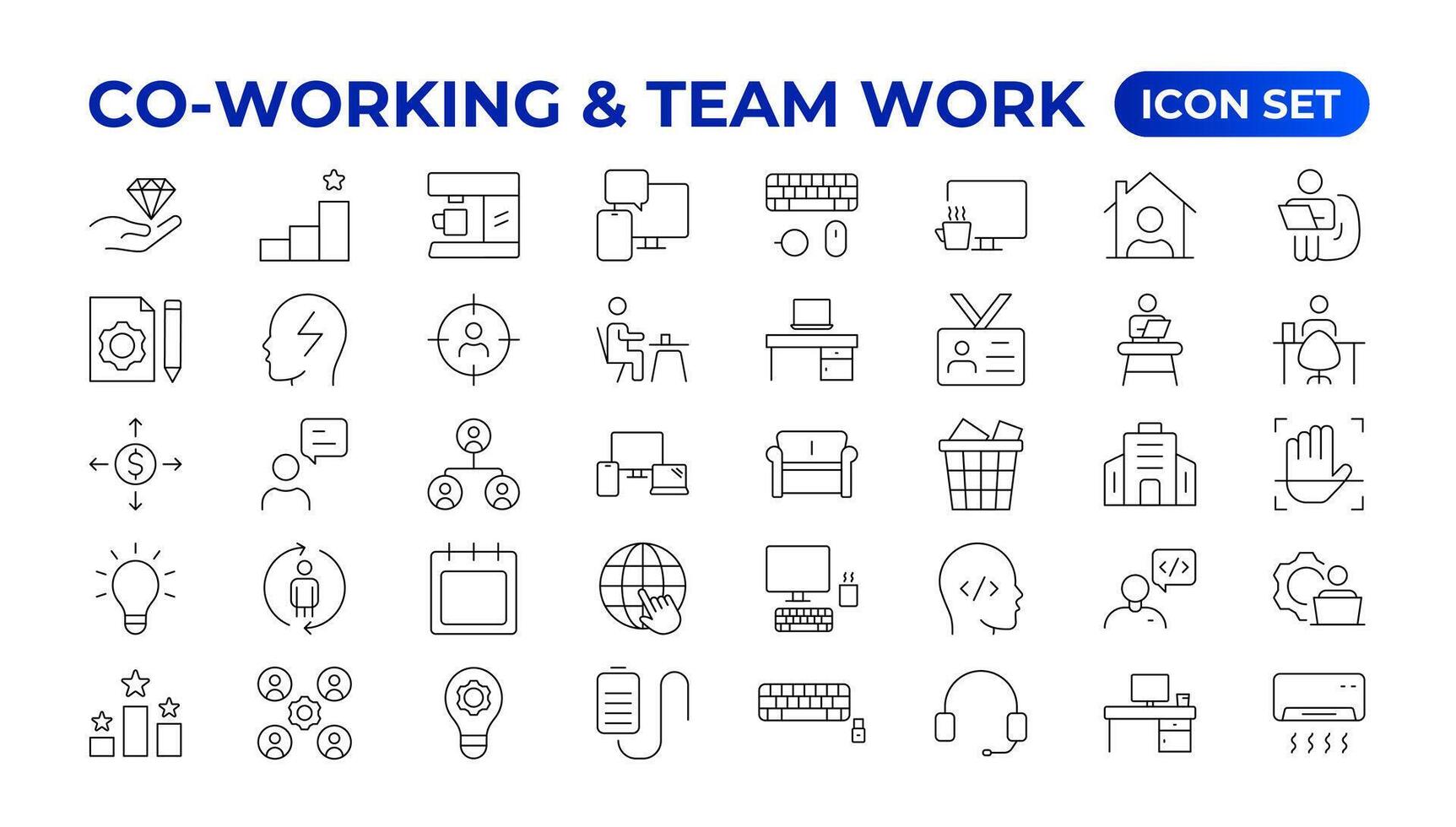 Co-working and Teamwork.Office and coworking linear icons collection. Set of coworking space Icons.Business teamwork, team building, work group, and human resources minimal thin line web icon set. vector