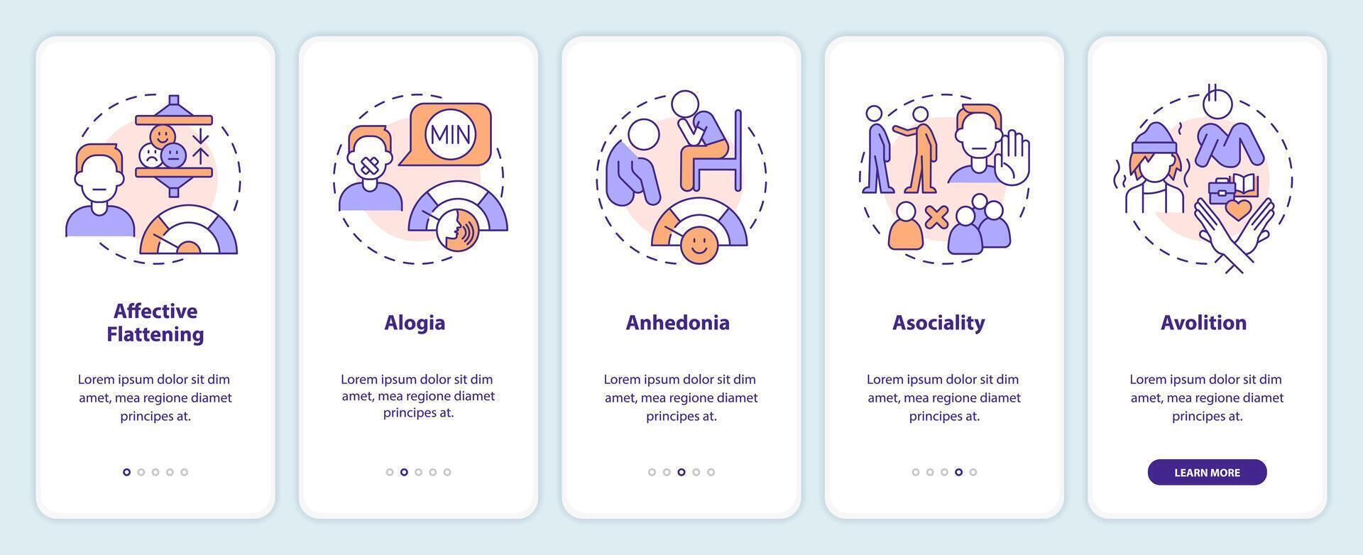 Schizophrenia negative symptoms onboarding mobile app screen. Walkthrough 5 steps editable graphic instructions with linear concepts. UI, UX, GUI template vector