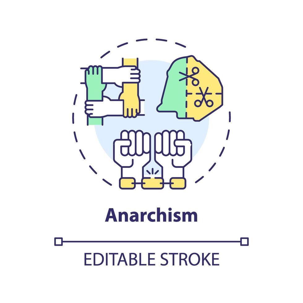 Anarchism political movement multi color concept icon. Decentralization policy. Classless autonomy. Individual freedom. Round shape line illustration. Abstract idea. Graphic design. Easy to use vector