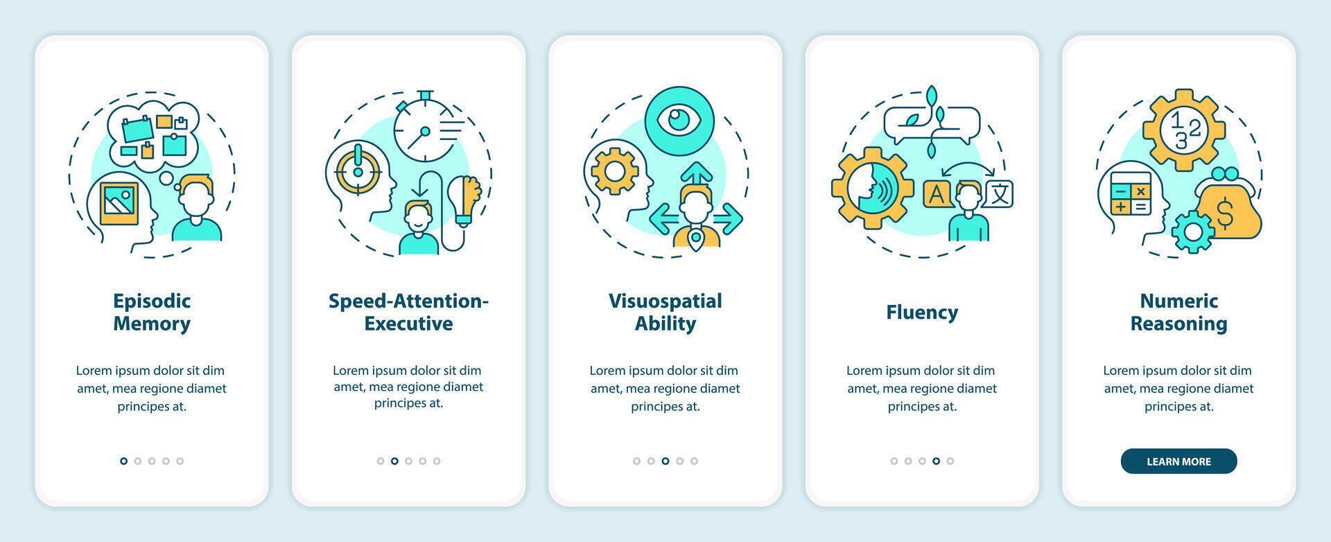 Domains of cognitive function onboarding mobile app screen. Walkthrough 5 steps editable graphic instructions with linear concepts. UI, UX, GUI template vector
