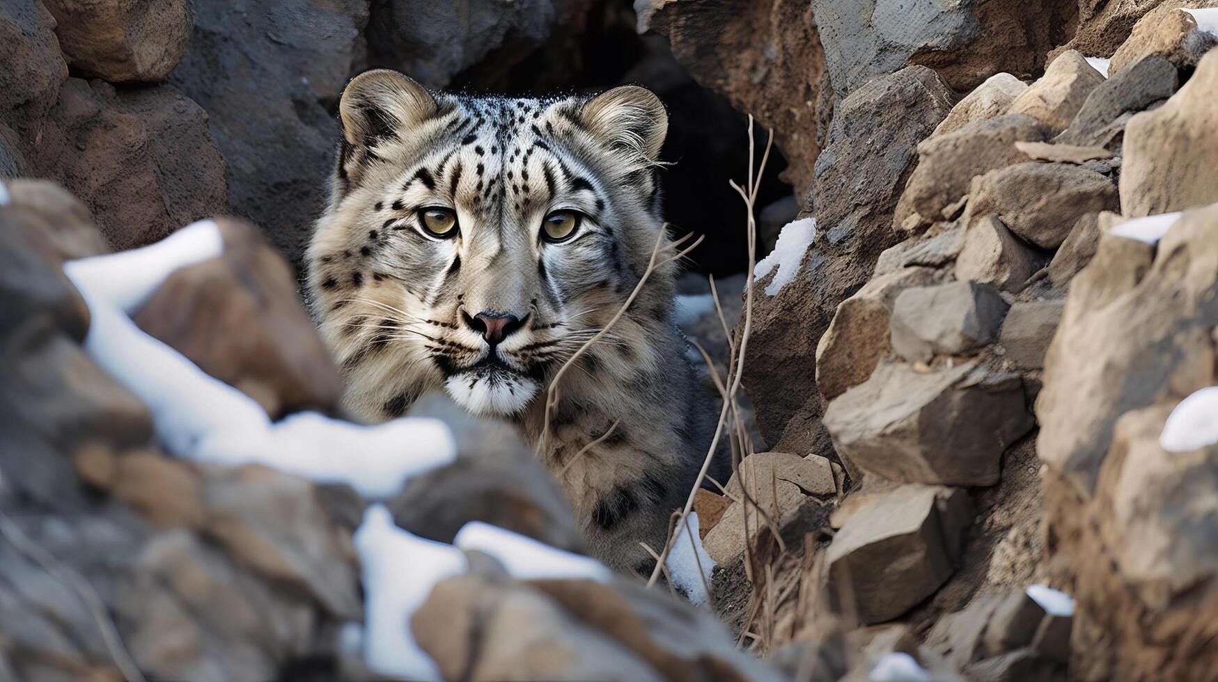 AI generated Camouflaged snow leopard in rocky landscape with sky photo