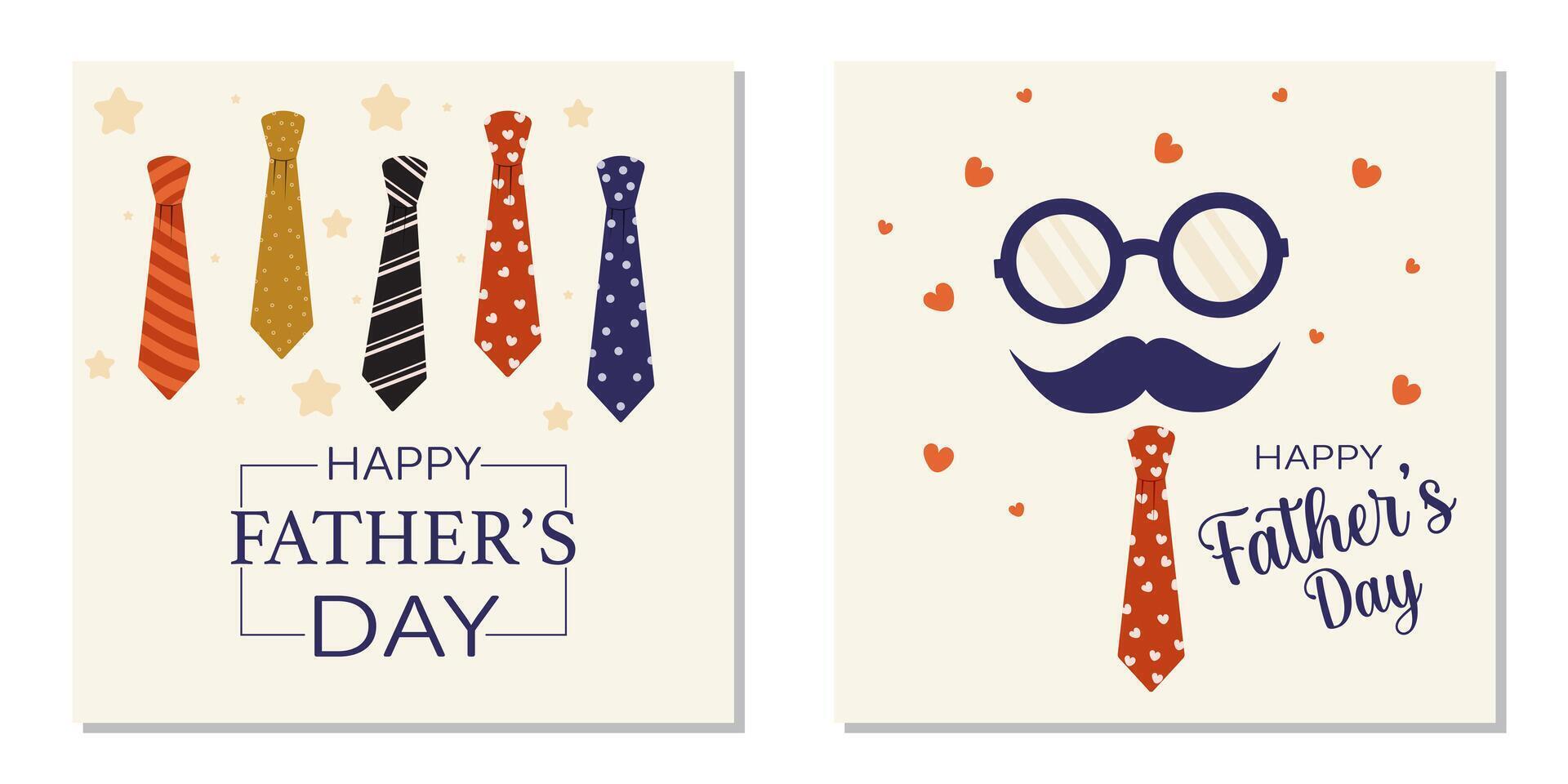 Set of Father's Day greeting background with neckties, mustache, and red hearts. Vector illustration for posters, banners, promotional materials, and cards.