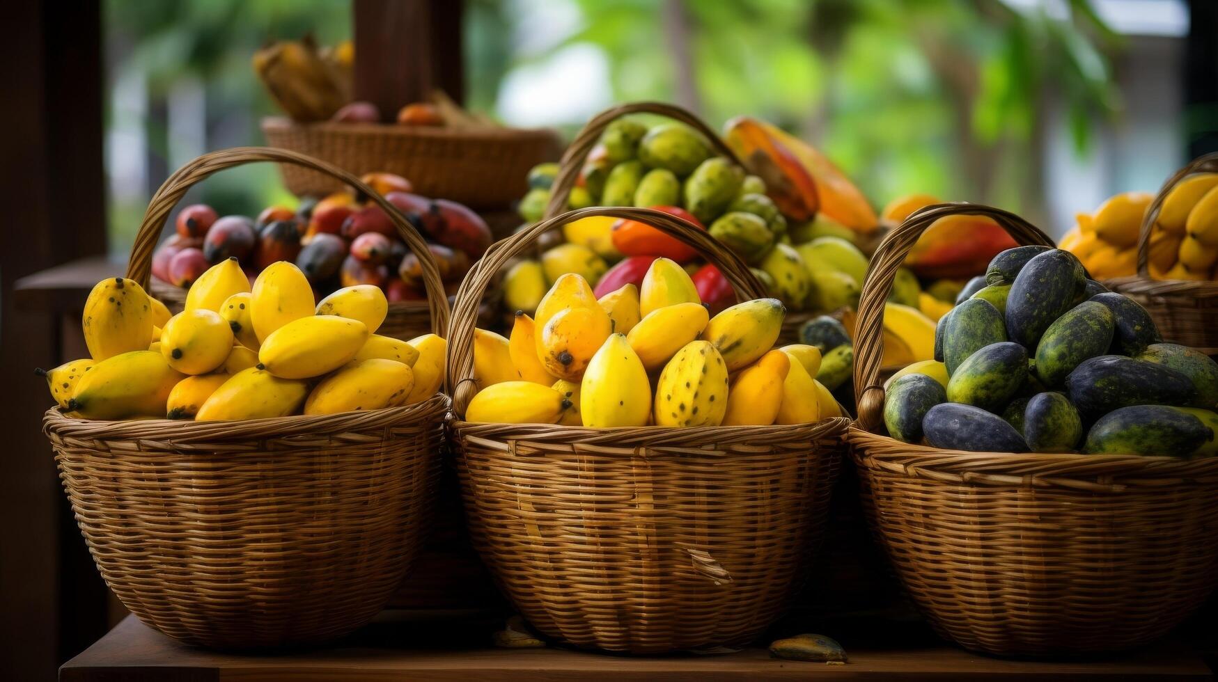 AI generated Overflowing baskets showcasing a variety of luscious and ripe pawpaws photo
