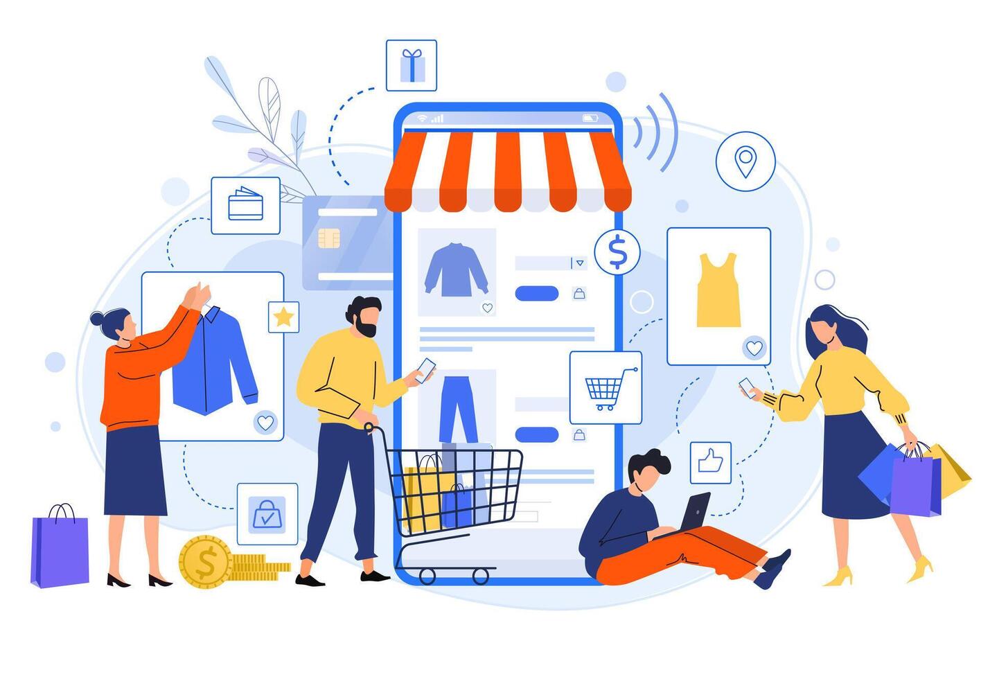 móvil en línea compras. personas comprar vestidos, camisas y pantalones en en línea tiendas compradores comprando en Internet rebaja plano vector ilustración. en línea ropa almacenar. descuento, total rebaja concepto