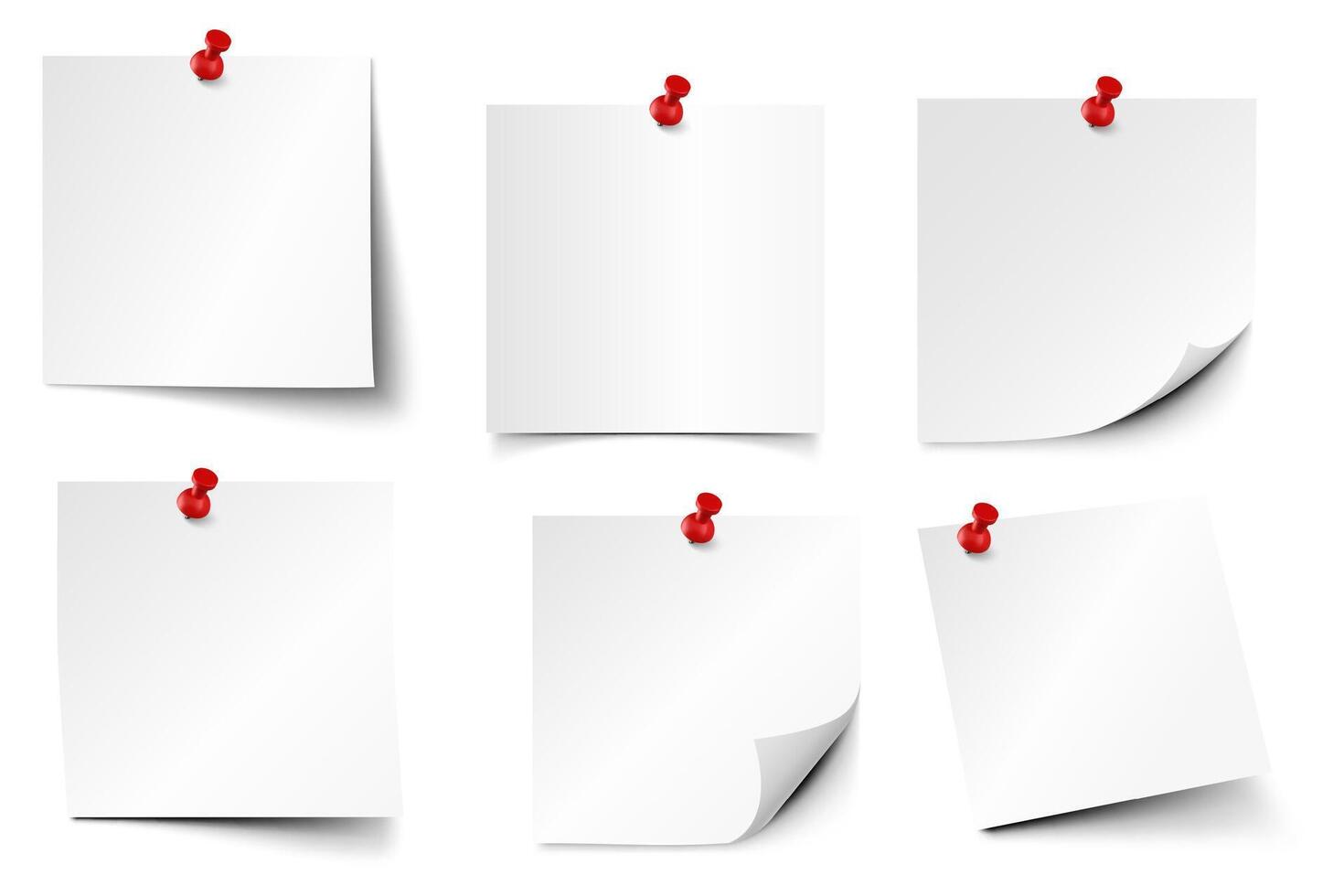 Pinned paper notes. Sticker papers, note on pin and notes board stickers realistic vector set. Notepaper attached with red pushpins. Fastened notepad paper pieces template design