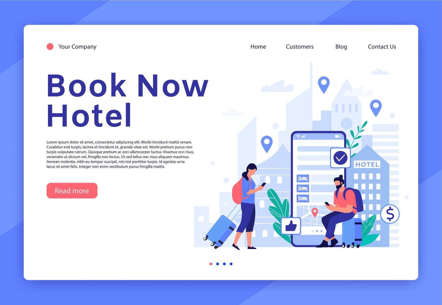 Hotel booking website. Mobile app for tourists and travellers, hotel room reservation digital service concept vector landing page template. Apartment search tool. People with luggage illustration
