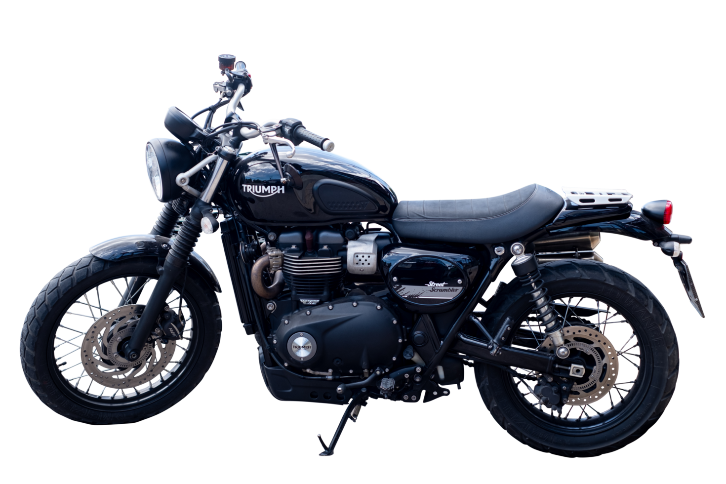 15 Oct 2023,Thailand, khonkaen - Full body front view Motorbike of Triumph Street Scrambler Guide Black color year my 2019, Big bike for travel on the road isolated on transparent background, PNG File