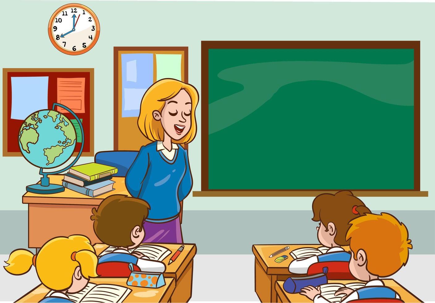 Education illustration. Vector interior. Teacher with pupils in a classroom. Primary school kids. Children listen to teacher.Illustration with kids and teacher in a classroom.