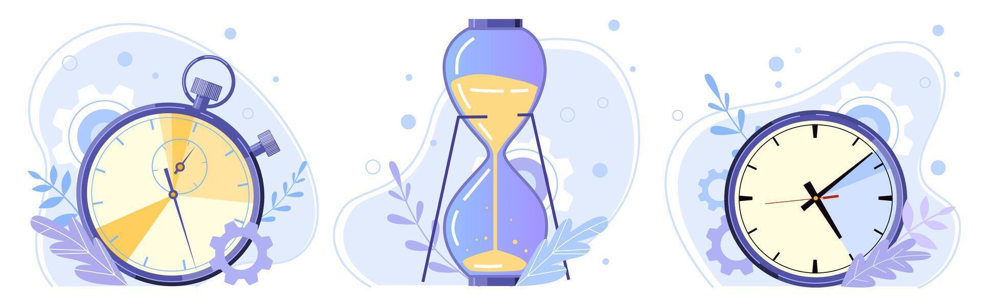 Clock, hourglass and stopwatch. Watch hours, timer countdown and sandglass flat vector illustration set. Time management concept. Sport and home timekeepers. Watch types collection