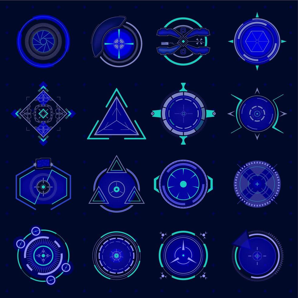 Futuristic optical aim. Ui technology aiming, weapon military futuristic sights and weapon target, sniper crosshair game collimator, future targets focus vector icons set