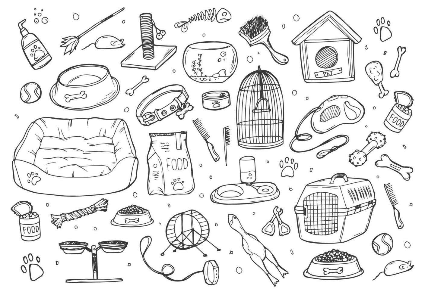 Hand drawn doodle Pets stuff and supply icons set. Vector illustration. Vet symbol collection. Cartoon dogs and cats care elements kennel, leash, food, paw,bowl, bone and other goods for pet shop