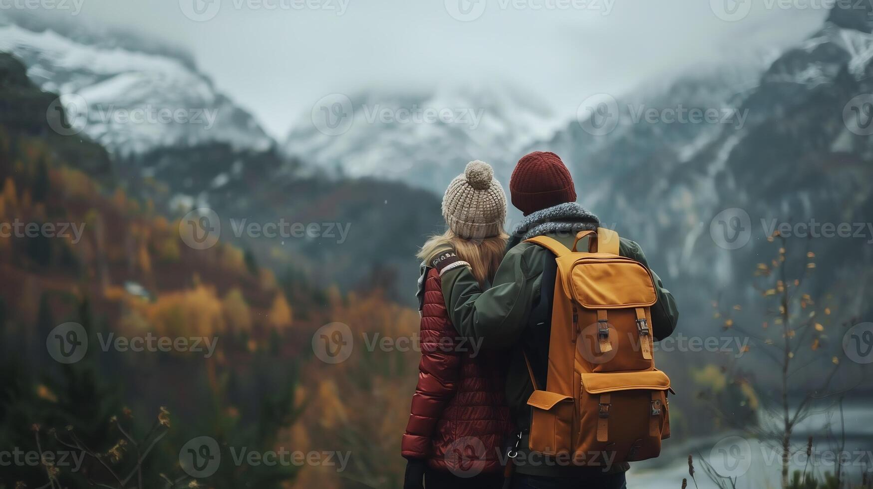 AI Generated Active pensioner. senior travelers in forest on holiday. hiking in mountains photo