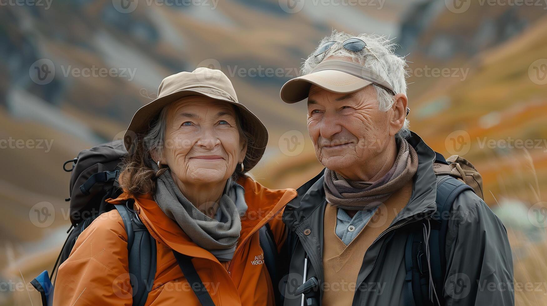 ai generado activo pensionista. mayor viajeros en bosque en día festivo. excursionismo en montañas foto