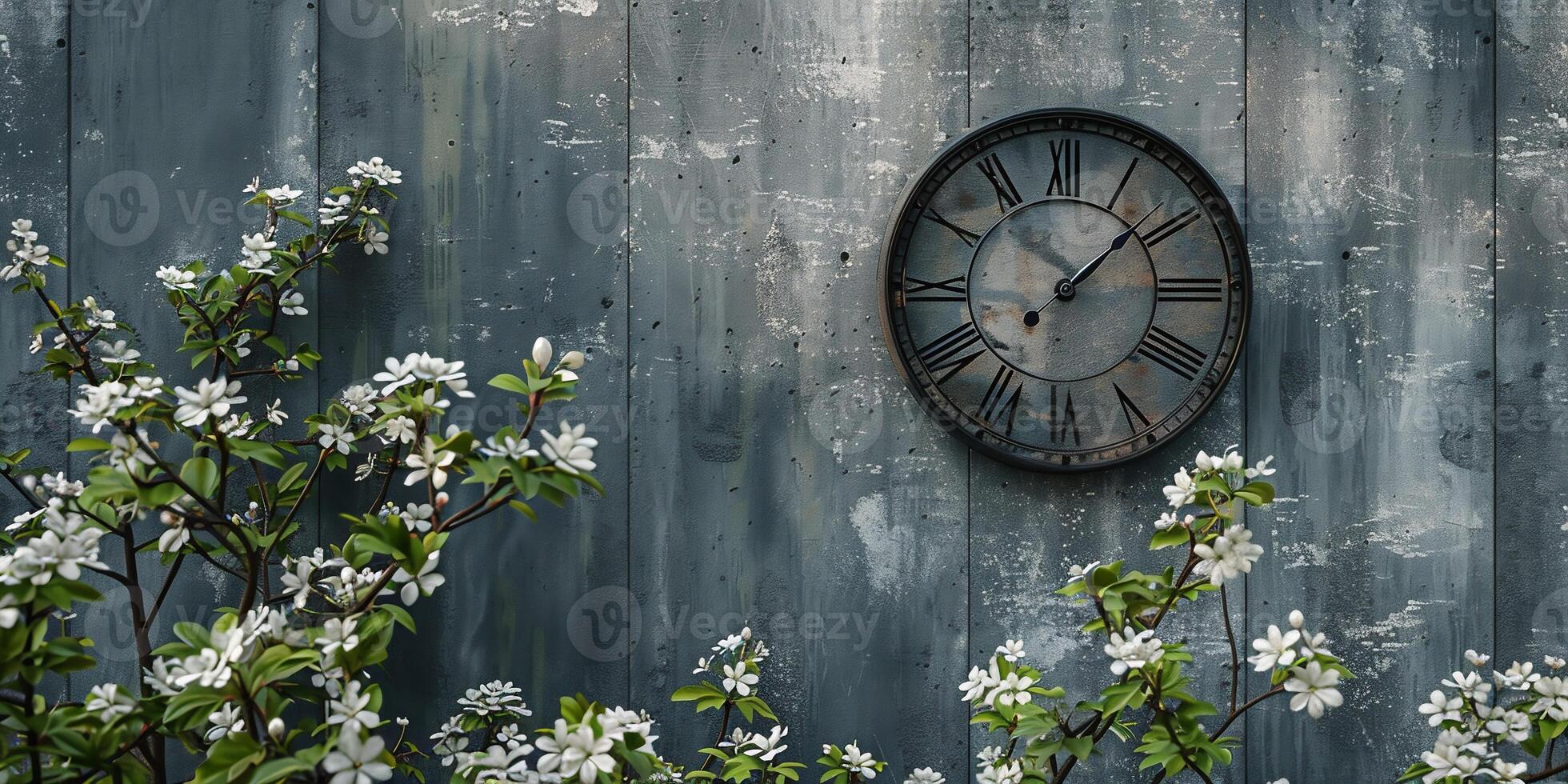 AI Generated  Vintage clock with Roman numeral. wall clock-face dialrustical on white brick wall in the apartment, photo