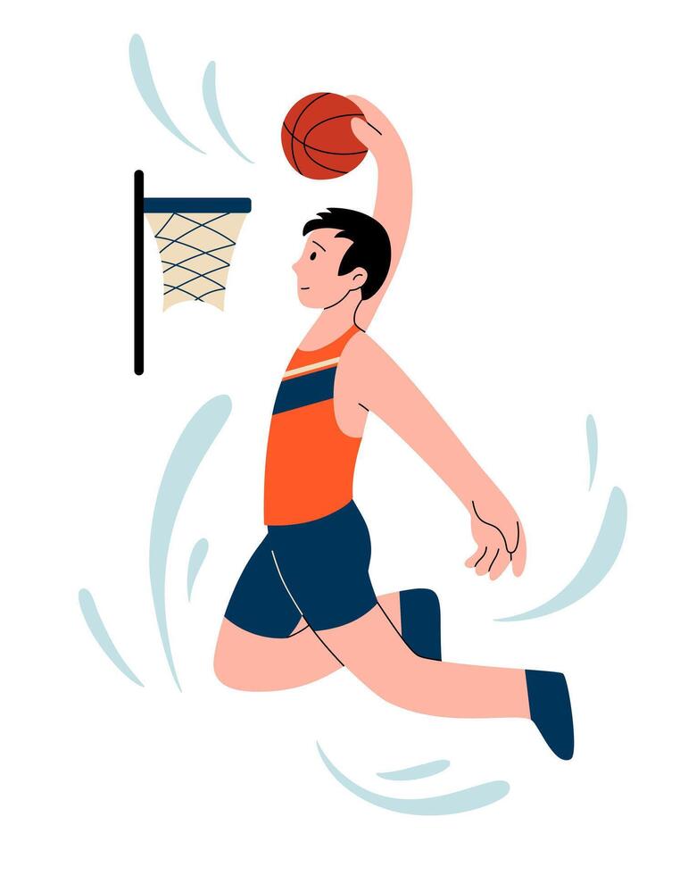 Basketball championship illustration. One basketball player with ball. Character for sports standings, web, postcard, mascot, sport school. Healthy lifestyle background. Vector flat illustration.