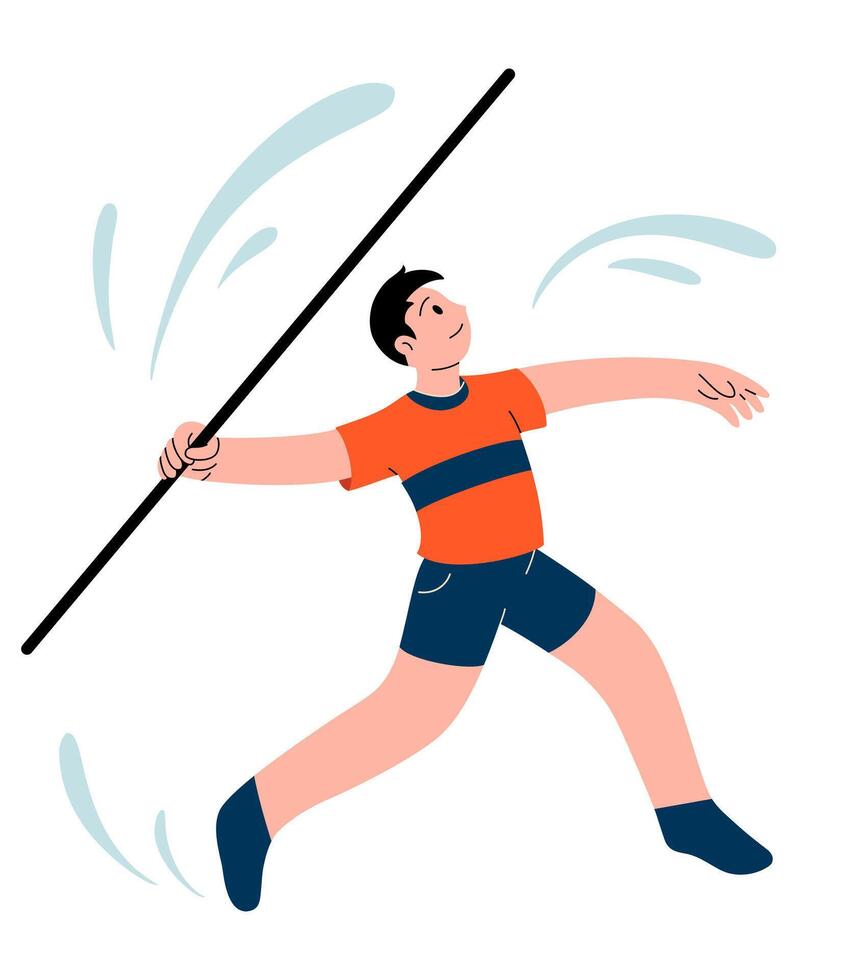 Javelin throw championship illustration. Athlete throwing javelin. Character for sports standings, web, postcard, mascot, sport school. Healthy lifestyle background. Vector flat illustration.