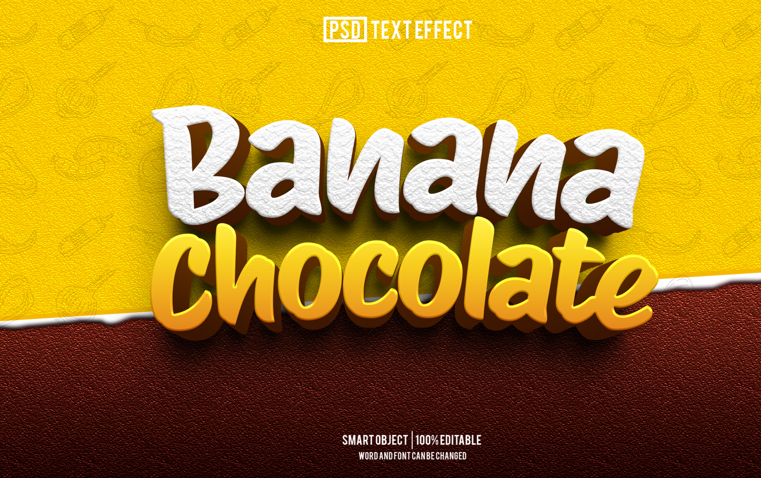 Banana chocola testo effetto, font modificabile, tipografia, 3d testo. psd