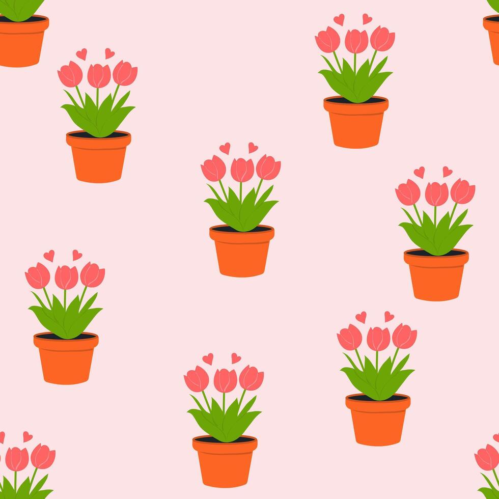 linda macetas con tulipanes sin costura primavera antecedentes.de la madre patrón de día para textil, fondo de pantalla, embalaje, cubrir vector