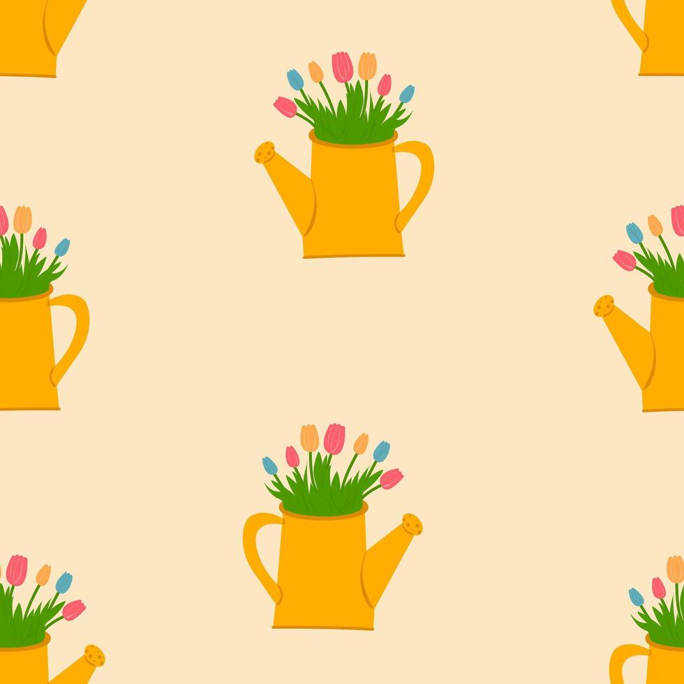 Cute garden watering cans with tulips seamless spring background.Mother's day,birthday.Template for textile, wallpaper, packaging, cover vector