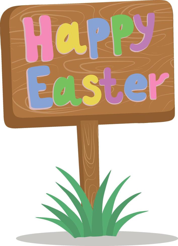 Vector illustration of a signboard standing in the grass. Happy Easter wooden signboard.Easter illustration.