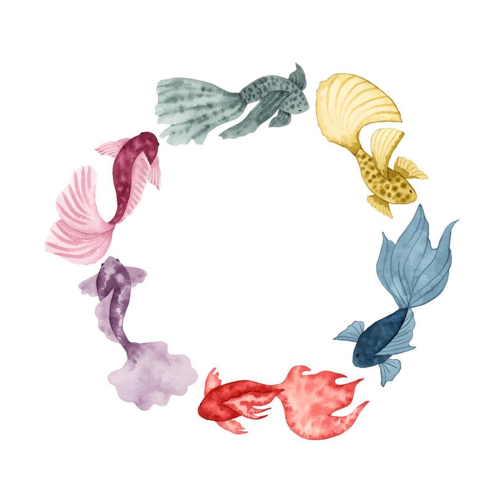 Round wreath of watercolor fish.Hand illustration.Simple, stylized style. Solid color sea animals. Underwater world of marine wildlife.Ocean and sea.Vector frame vector