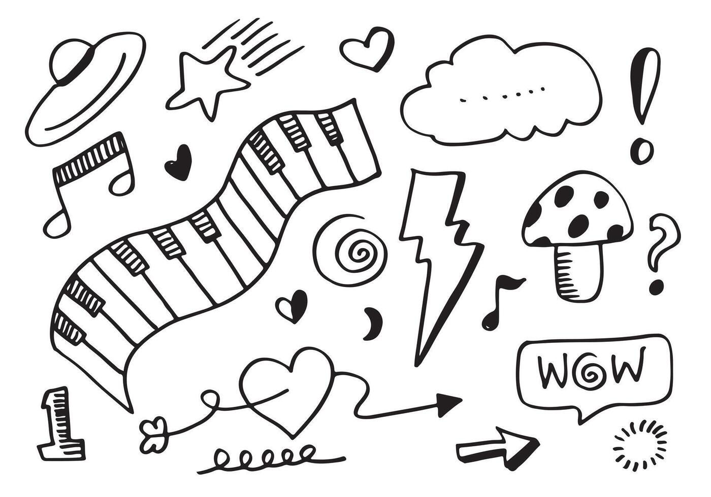 Hand drawn Arrow, heart, love, star,thunderbolt ,piano ,swirl for concept design. vector