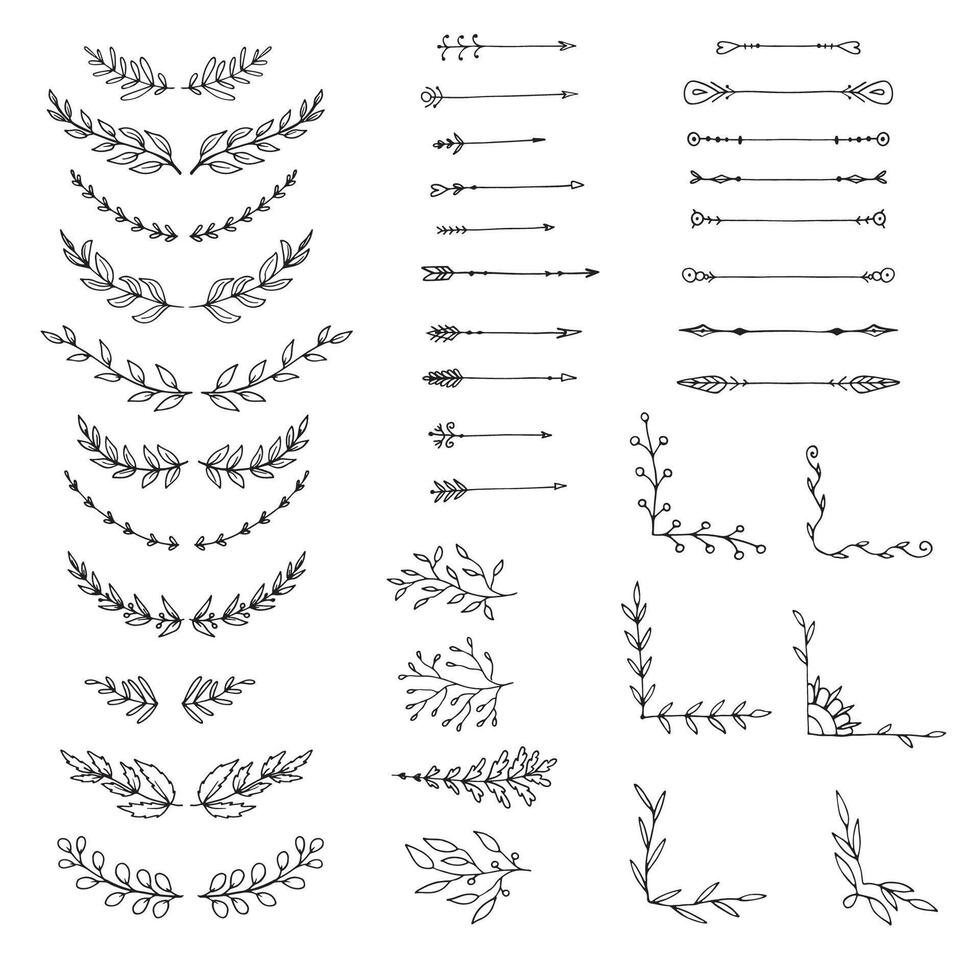 Hand drawn vector dividers, floral corners and laurels set. Doodle design elements.
