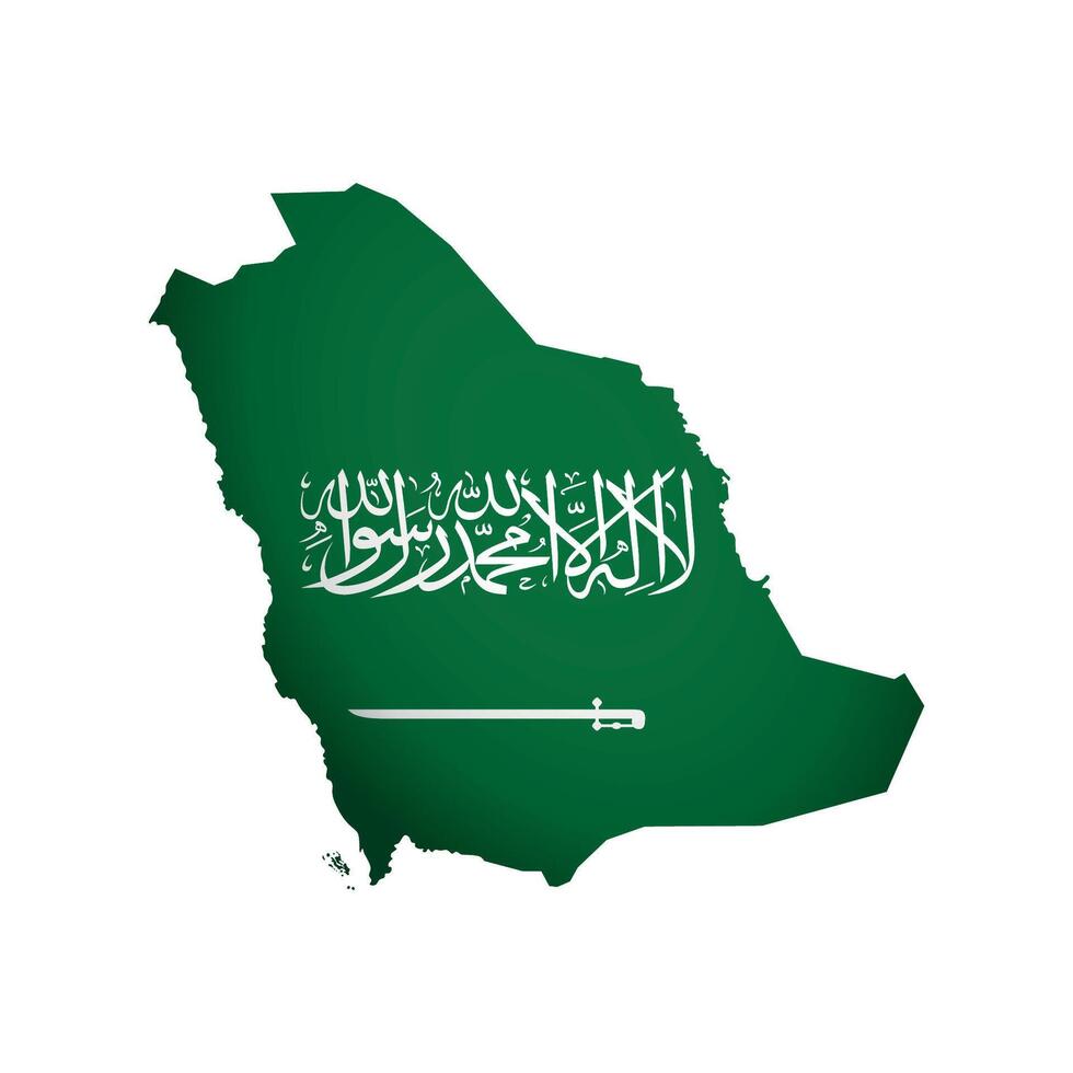 Vector isolated illustration. Official ensign of Saudi Arabia. Flag on national map with Arabic text shahada on green background. Creative design