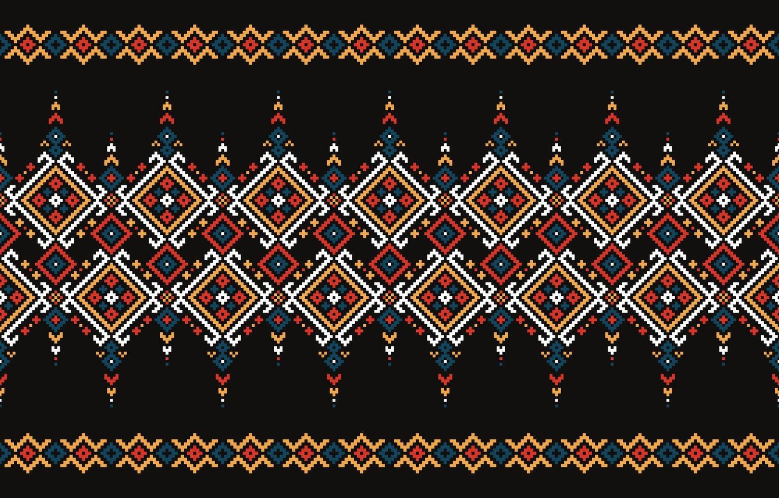 This cross stitch pattern recreates a colorful, pixelated ethnic motif with squares, triangles and diamonds.Design for fabric,pattern,motif,towel,aida,folk,retro,abstract,batik,zigzag,textile art. vector