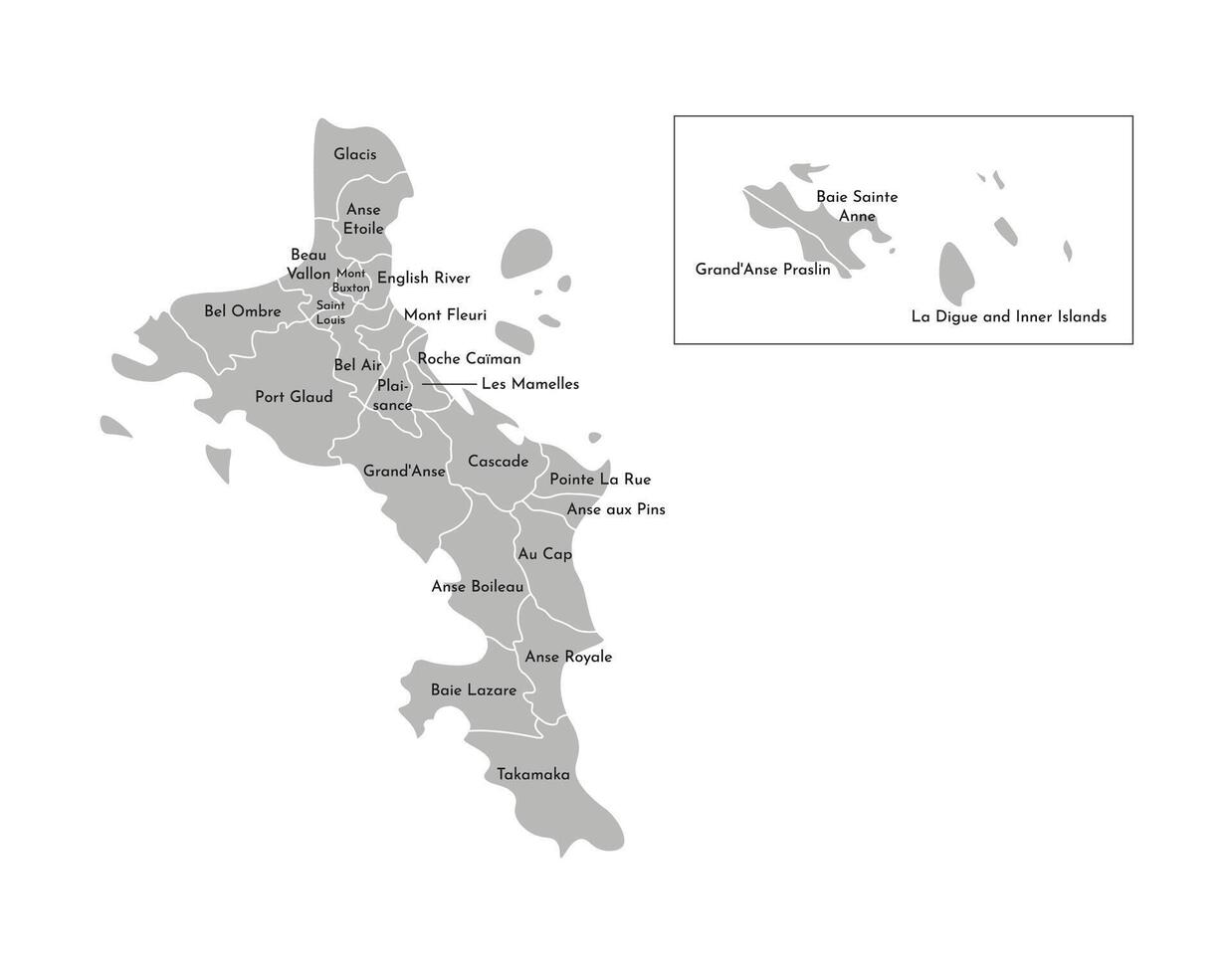 Vector isolated illustration of simplified administrative map of Seychelles,. Borders and names of the districts, regions. Grey silhouettes. White outline.