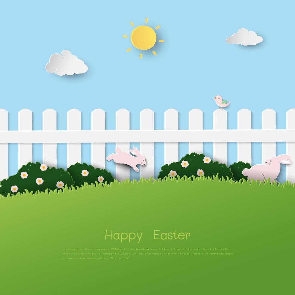 Easter greeting card,celebrate theme with easter eggs and cute rabbits in the garden vector