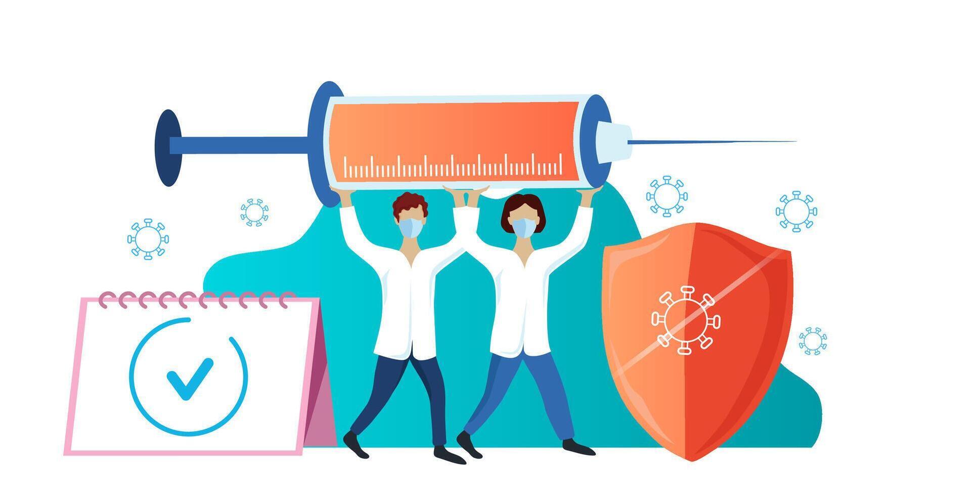 Doctors carry a syringe with the vaccine. Vaccination calendar, shield.  Vector concept on the topic of vaccination.