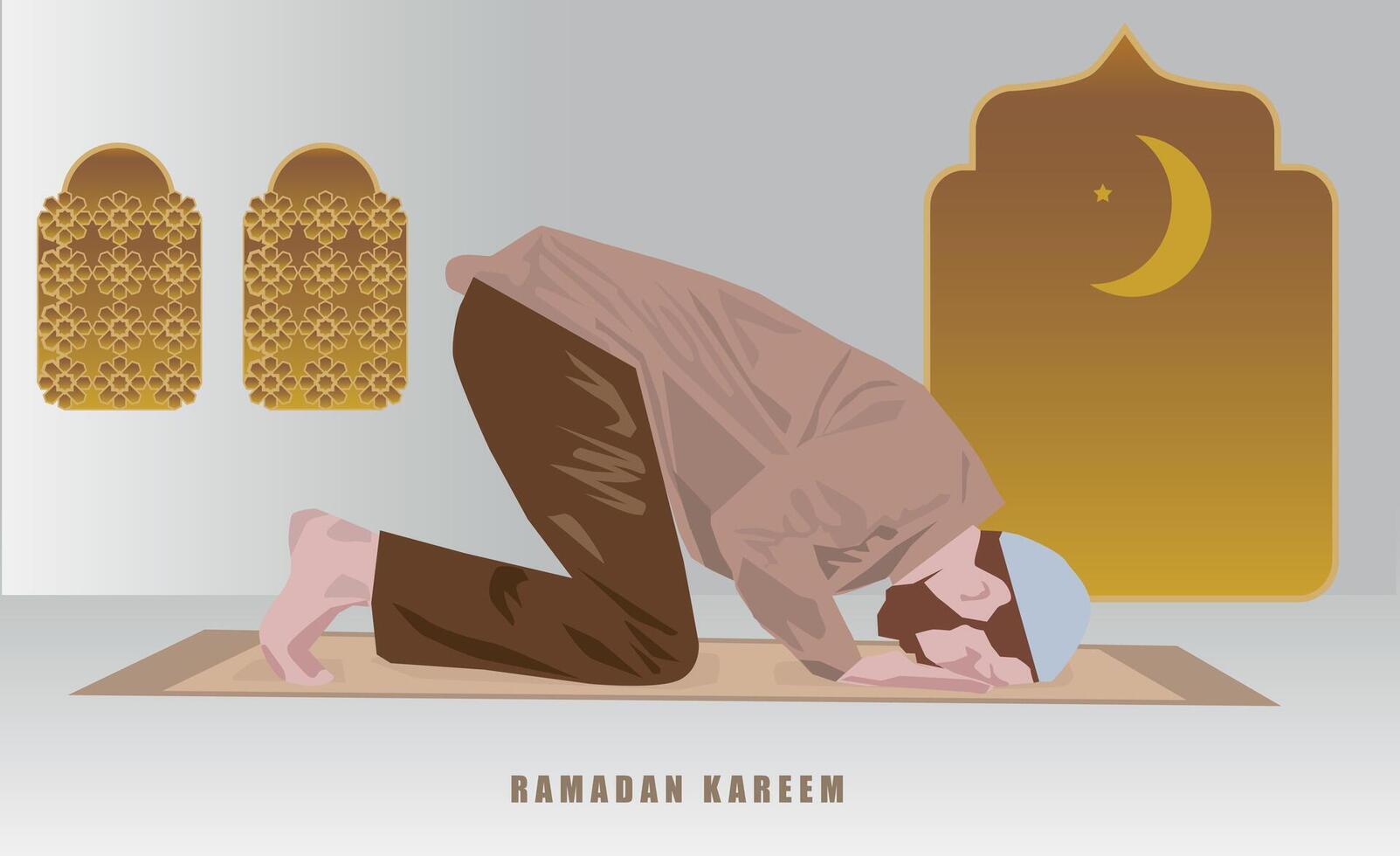 vector man person is focus prostrate islam pray sujud in mosque with moon crescent and star