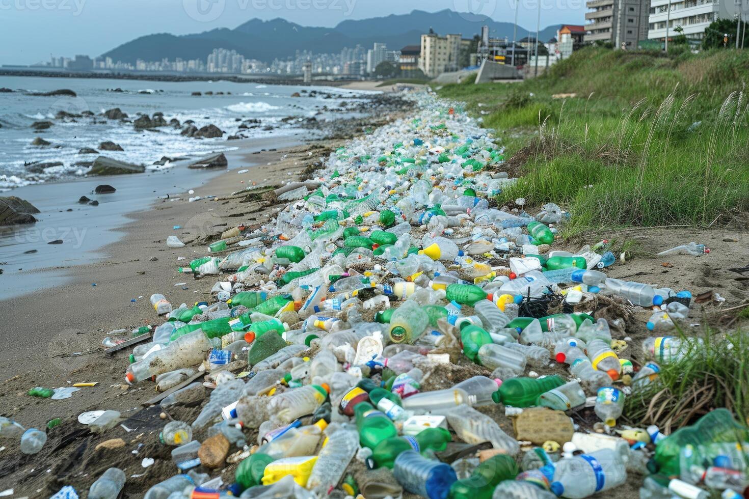 AI generated Plastic pollution from waste single use plastic professional photography photo