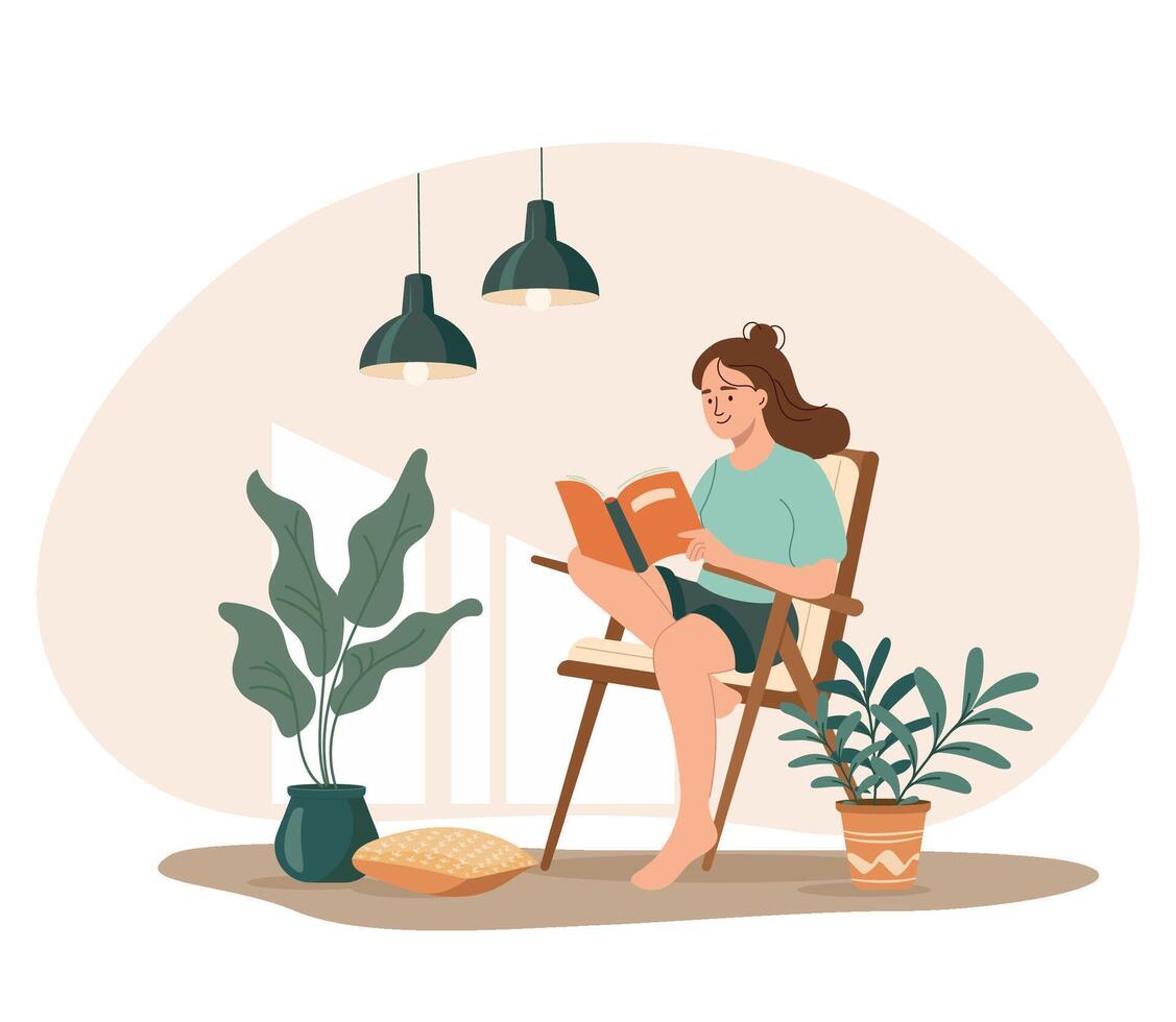 relajado niña cómodo sentado en moderno silla y leyendo libro rodeado por planta. personal espacio concepto. tiempo propio. interior jardín, acogedor interior diseño. plano vector ilustración aislado en blanco