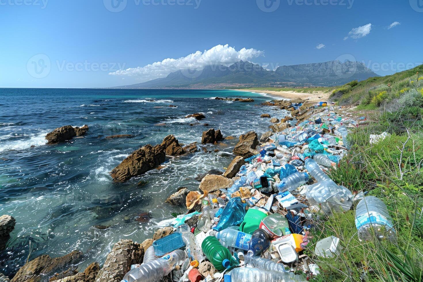 AI generated Plastic pollution from waste single use plastic professional photography photo