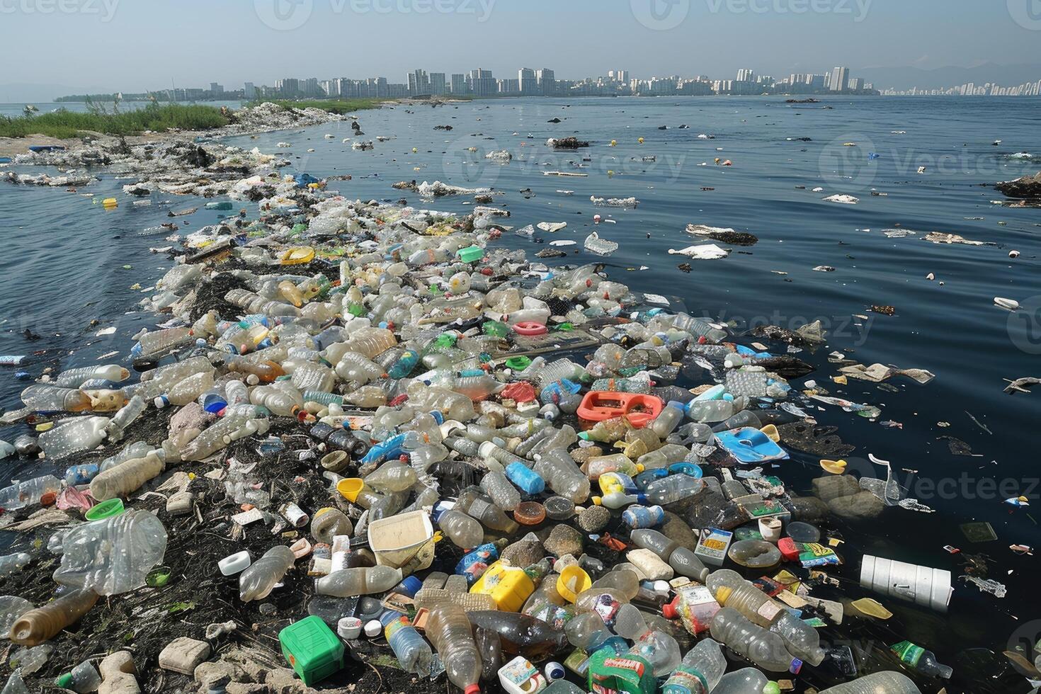 AI generated Plastic pollution from waste single use plastic professional photography photo