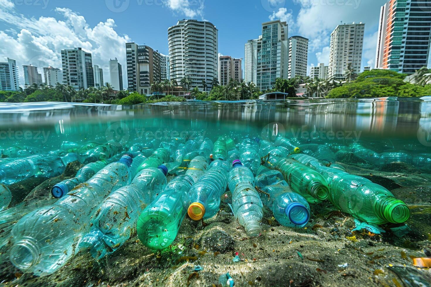 AI generated Plastic pollution from waste single use plastic professional photography photo