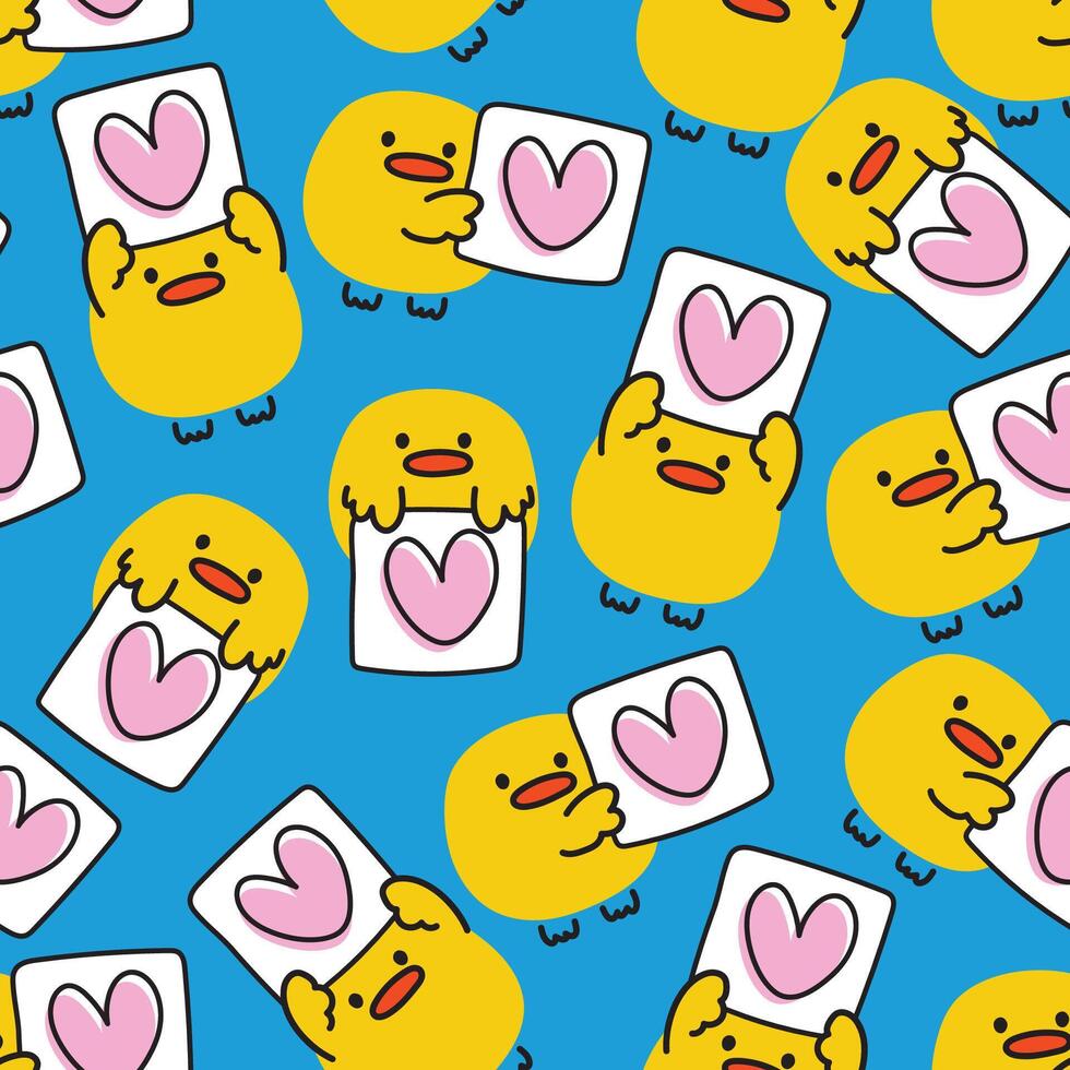 Seamless pattern of cute chicken line hand drawn style hold heart paper background.Valenines day.Farm animal character cartoon design.Baby clothing.Kawaii.Vector.Illustration. vector