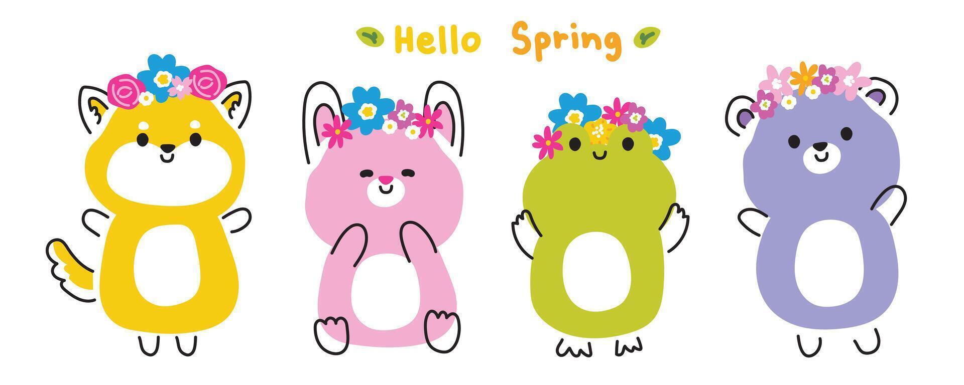 Set of cute animal in spring concept.Animals wear flower crown collection.Shiba inu dog,rabbit,frog,teddy bear hand drawn.Floral.Blooming.Kawaii.Vector.Illustration. vector