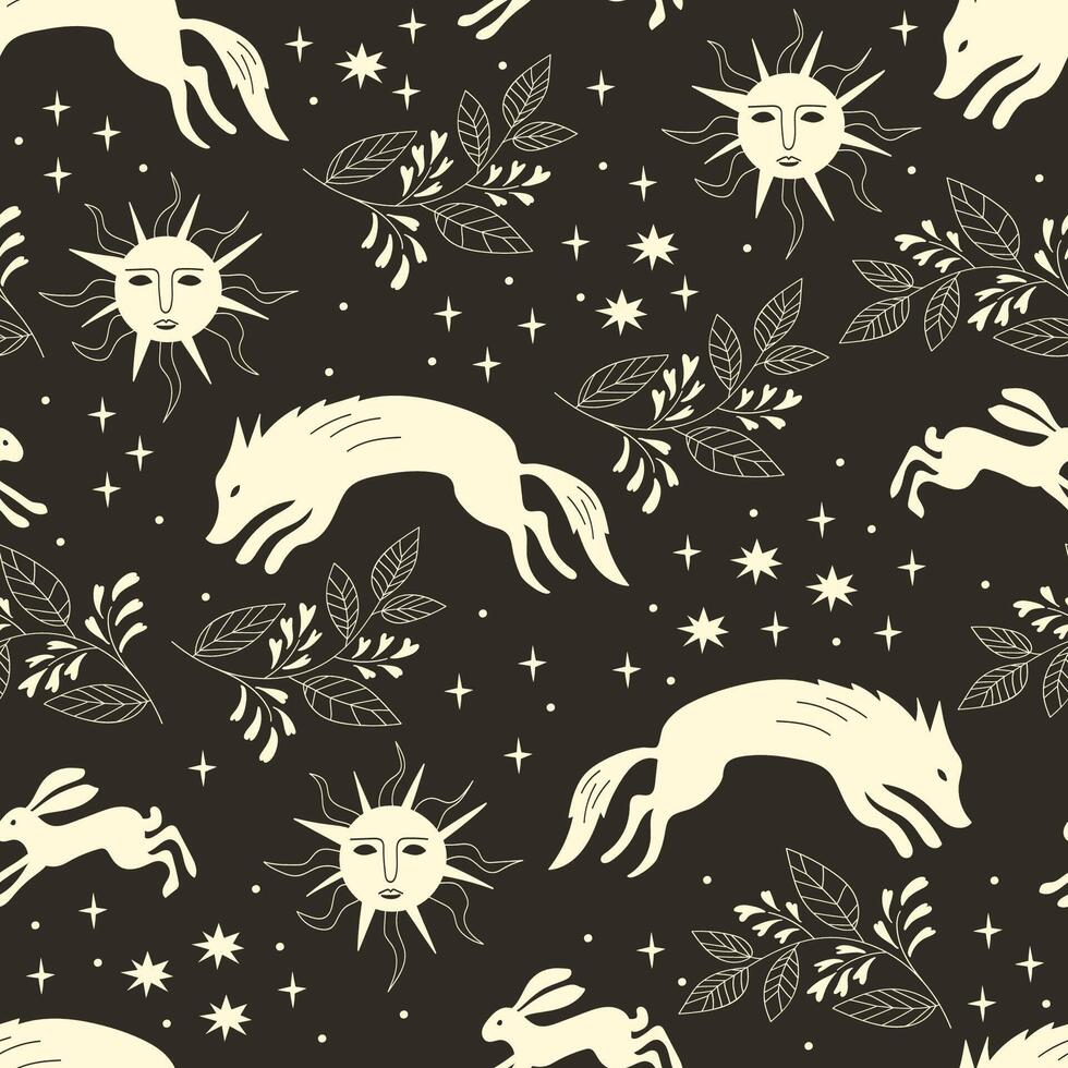 Wolf and hare, mystical illustration, boho style. seamless pattern. Vector illustration