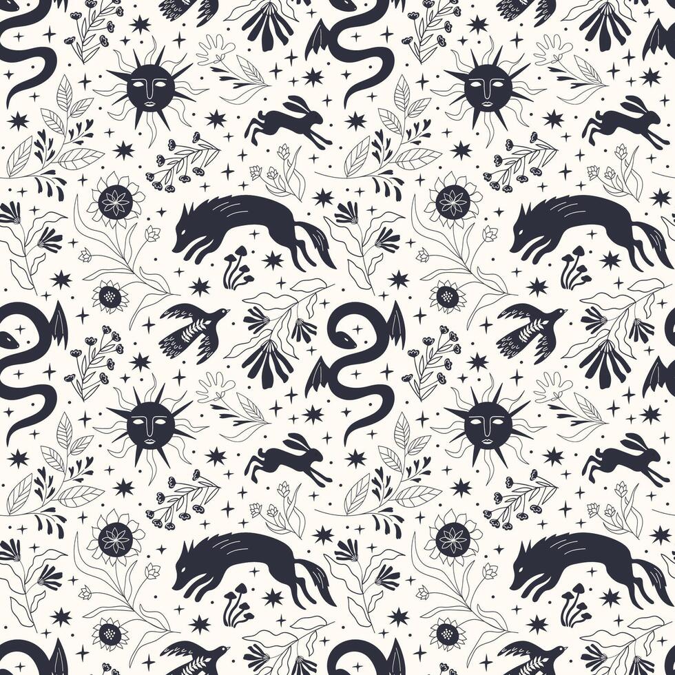 Magic, fairy tale, wolf, snake, bird, sun, seamless pattern, vector illustration.
