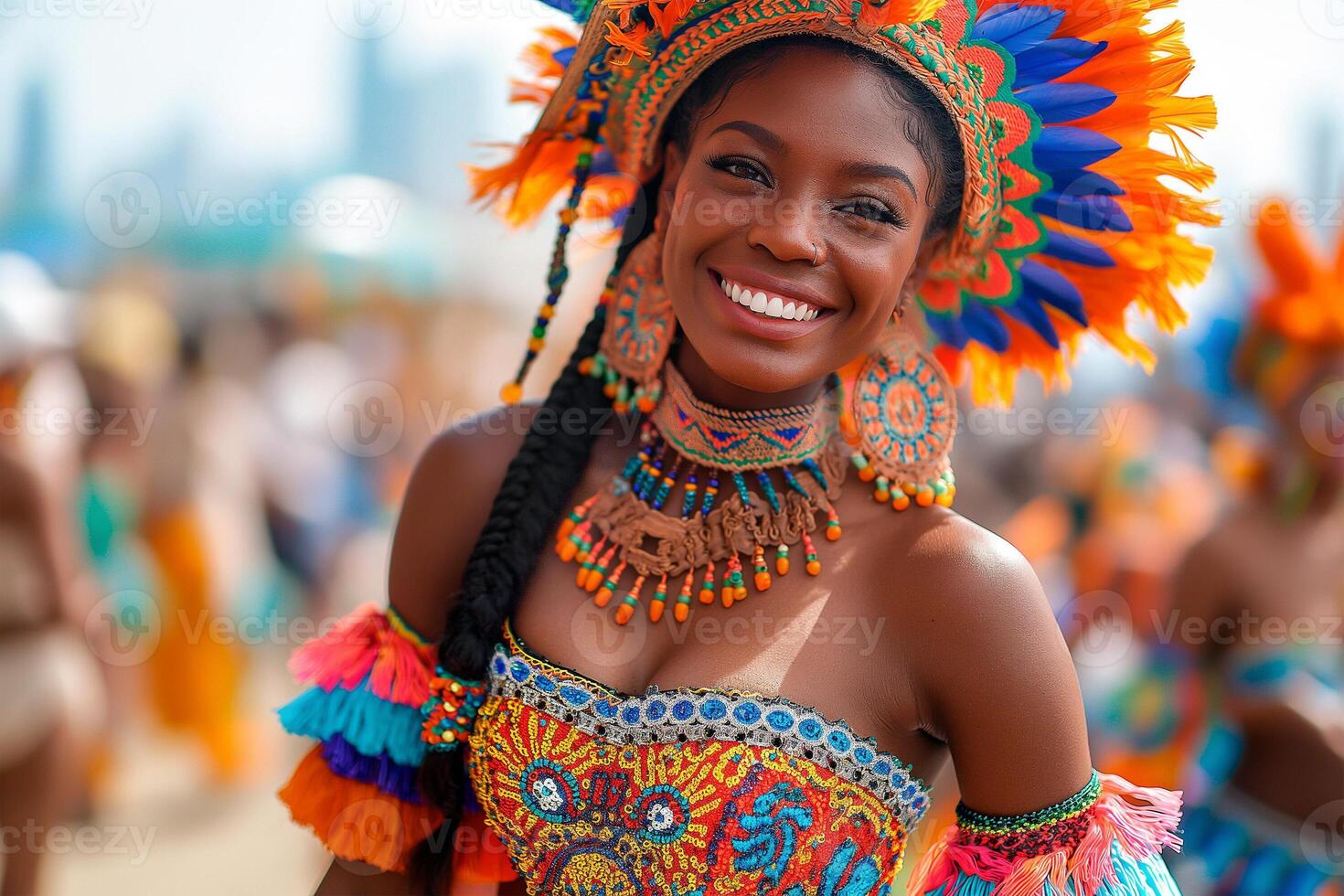 AI generated Vibrant parade marching through city streets, featuring music, dance, and colorful floats to honor the end of slavery in the U.S. photo